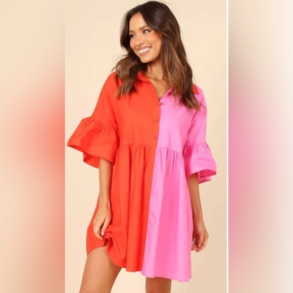 Petal & Pup Didi Babydoll Frill Flowy Pocket Collared Dress Red Pink Button - Picture 1 of 14
